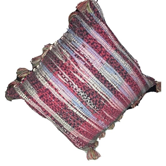 Hot Pink Blue & Cream Rag 14x14” Square Boho Country Chic Throw Pillow - Picture 1 of 5